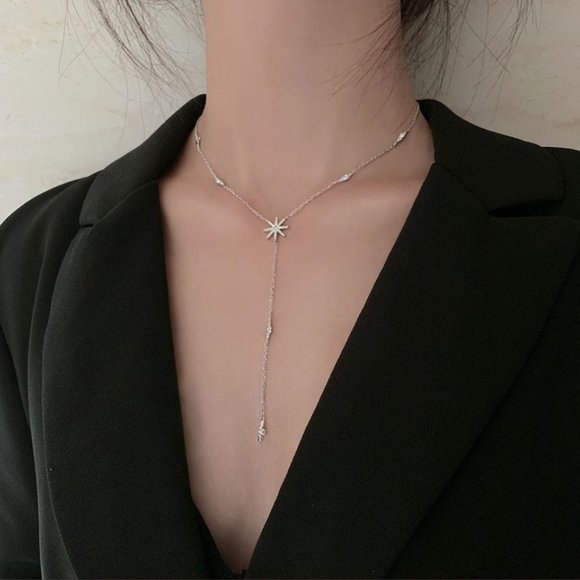 925 Sterling Silver Diamond Star Dangle Drop Lariat Dainty Minimalist Necklace - Picture 6 of 8